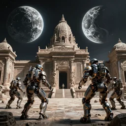 post apocalyptic robowar on a ancient temple, alien planet with 3 moons, dramatic, cinematic, high contrast, ultra hd, perfect light, cgsociety, artstation, 4k