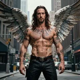 handsome! Steve Buscemi as a muscular angel wings wide open whole body tattooed with runes and religious symbols, urban fantasy romance book cover, D&D!, fantasy style, sharp focus!, ultra detailed, art by Artgerm and Peter Andrew Jones, WLUP
