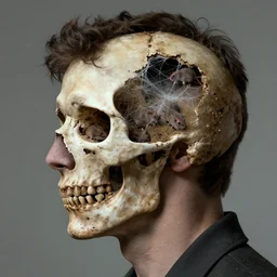 a side profile portrait of a man with a opening hole into skull, hole in skull showing cobwebs, dust and rats, ( ( ( justin trudeau ) ) ), digital art, highly detailed, by alyssa monks and charlie bowater