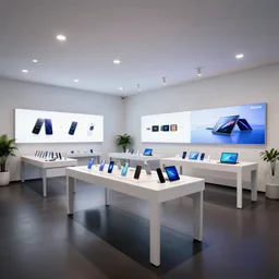 hyperdetailed large samsung brutalist vintage flagship retail. white walls. dark floor. display tables with exciting phones and tablets. bright digital screens on walls. low ceilings with downlights and spots. white modernist furniture. plants. muted colors. long exposure photo.