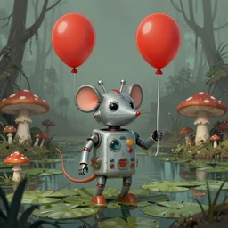 adventurer ( ( ( ( ( 1 9 5 0 s retro future robot android mouse holding a red balloon. muted colors. spooky swamp mushrooms island, lillie pads ) ) ) ) ) by jean baptiste monge!!!!!!!!!!!!!!!!!!!!!!!!! chrome red