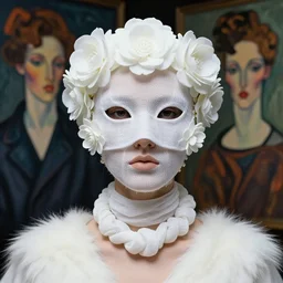 a futuristic portrait by mask made o white gauzes and plastic flowers, white fur necklace made by gauzes twisted aroundf neck, design by leonardo davinci, inspired by egon schiele, balenciaga, modern art, baroque art jewelry, new classic, fashion design, photorealistic, hyper realistic, cinematic composition, cinematic lighting, fashion design, concept art, 8 k