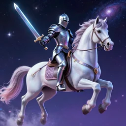 A knight holding a sword while riding in a Pegasus through the galaxy, vaporwave, 4K, highly detailed