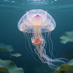 lotus swimming underwater like a jellyfish, transperent jellyfish head covers with the flower lotus, rose with tentacles, hunting small fish, photographic, cinematic, photorealistic, volumetric lighting, detailed, smooth, artstation, octane render, wolp