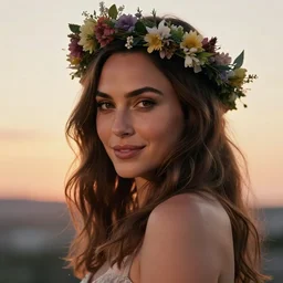 fine art photo of the beauty gal gadot, she is posing while maintain a sweet eye contact to the camera, she has a crown of flowers, the photo was taken at sunset with a bokeh effect, by iris edward steichen, photorealistic, matte painting, hyper realistic, 4 k, 8 k, cinematic composition, hd, highly detailed, trending on artstation