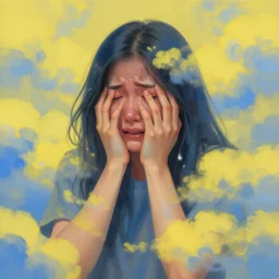 woman crying covered in yellow and blue clouds, by kim keever