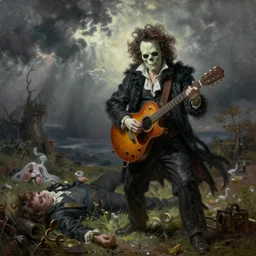 Jack Black as Death, using his guitar to reap the souls of the fallen, oil painting