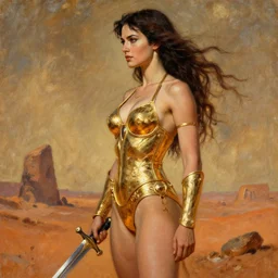 detailed movie poster, dejah thoris seen from the side, mars, detailed gold bikini armor, sword, portrait, oil painting, by leyendecker,