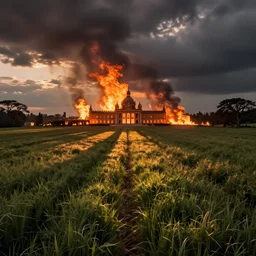a field with a great hall in the distance set on fire