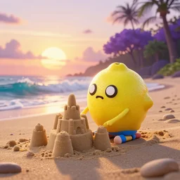 3 d octane render, of an anthropomorphic lemon character inspired by cartoon adventure time with lemon skin texture, it is wearing a hat, building a sandcastle on the beach at sunset, beach, huge waves, sun, clouds, long violet and green trees, rim light, cinematic photography, professional, sand, sandcastle, volumetric lightening