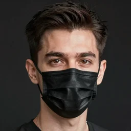 a man in a black medical mask, dark hair undercut