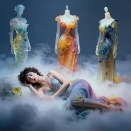 a technicolour dream sequence of a sleeping woman, lighting by delphin enjolras, wardrobe by rene lalique, make up by prince, cloudscape, artstation, hazy