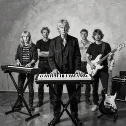 8 0's synthesizer band, anton corbijn, black white, posed, synthesizer, guitar, atmospheric lighting. highly detailed painting by greg rutkowski.