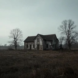A serene landscape with a singular building in the style of grimdark