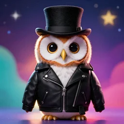 cute owl wearing black biker jacket, portrait photo, backlit, studio photo, background colorful, tophat, starry night