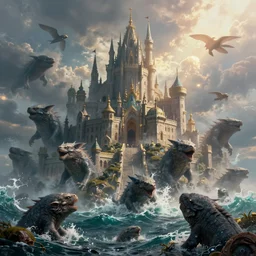 an epic fantastic realism painting of a castle city being devoured by the ocean's beasts, 8 k, ultra realistic, lens flare, atmosphere, glow, detailed, intricate, full of colour, cinematic lighting, trending on artstation, 4 k, hyperrealistic, focused, extreme details, unreal engine 5, cinematic, masterpiece