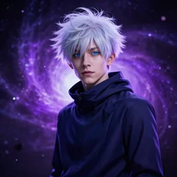 tom holland as gojo satoru cosplay photo, cinematic lighting, ray tracing, octane render, post processing, shallow depth of field, bokeh, particle effects, 8 k, hyper detailed, purple void supernovae