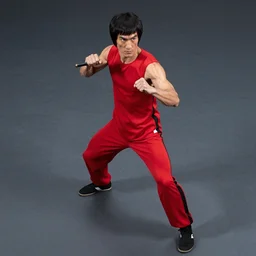 lean, fighter, in a red spandex suit, pose, stance, fight, man, with batons, standing, streetfight, 3 / 4 angle top down, fighting style, top view camera, bruce lee, lean muscles, skinny body, action, upright pose, slightly crouched, 5'1 0 tall