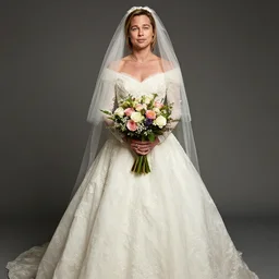 Brad Pitt wearing a beautiful wedding gown and holding a bouquet of flowers, in the style of Annie Leibovitz, studio Lighting