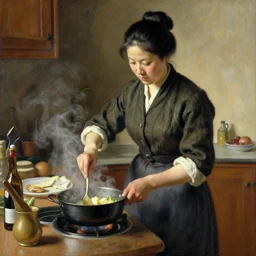 asian woman cooking by mary cassat