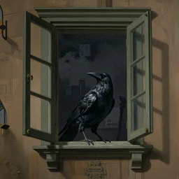 a raven and a character in an open window at night, victorian architecture, by gustave dore