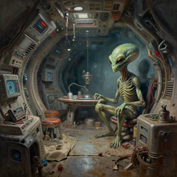 painting of hungry aliens by dinner in dirty broken interior of futuristic spaceship with amount of electromagnetic devices and tools, sharp edges, deep displacement, reflections, raytracing, raymarching, subsurface scattering, digital art, painted by quentin de warren