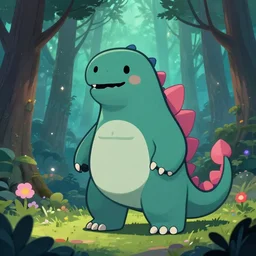a cartoonish cute anthropomorphic Godzilla is in a mystical forest full of wonders, pine trees, magical atmosphere, trending on artstation, 30mm, by Noah Bradley trending on ArtStation, deviantart, high detail, stylized portrait H 704