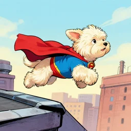 cream colored havanese dog dressed as a super hero, jumping off a rooftop, sideways wide shot, highly coherent, saga comic, graphic novel, fiona staples
