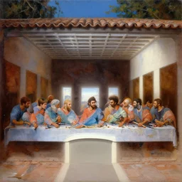 tennis players seating in the scene of the last supper, under the porch of a typical portuguese house, with typical alentejo landscape in the back, sunny morning, matte painting, oil canvas, photorealistic illustration, extreme detail, hyper realistic, highly detailed, digital art