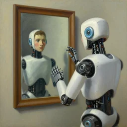 robot looking into a mirror and the reflection is human, grant wood, pj crook, edward hopper, oil on canvas