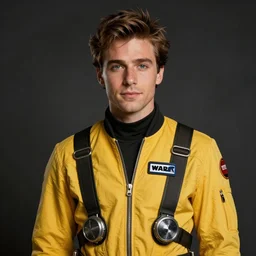 portrait of a man by greg rutkowski, he looks like oscar isaac, star wars expanded universe, he is about 3 0 years old, wearing yellow and black starfighter pilot uniform from the outer planets association.