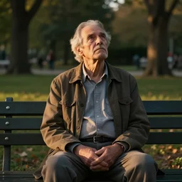 medium shot of an old man sitting on a bench in the middle of a park and looking up, golden hour, somber, artstation, concept art, sharp focus, art by Craig Mullins and Greg Rutkowski