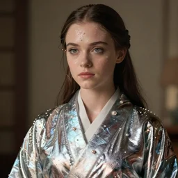 young winona ryder wearing a futuristic metal kimono, half body portrait, greg kutkowski, sharp details, subsurface scattering, pearls of sweat, glistening skin, warm lighting