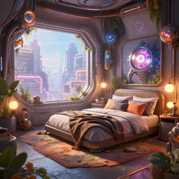 a complex futuristic cozy bedroom from overwatch and oblivion movie, by wlop by jungyeonmin and james jean jhonseru jsezz artstation and greg rutkowski, biomechanical, lens orbs, global illumination, with a window overlooking a cyberpunk metropolis, lounge, architectural, volumetric lighting, granular detail, hypermaximalist, micro details, blender, vray