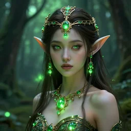 portrait elf of the forest, glowing, ornate and intricate green jewelry, jaw dropping beauty, glowing background lighting, green accent lighting, hyper detailed, fairy tale, 4 k octane render