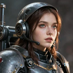 hyper realistic portrait of warhammer android girl head, cinematic, chaos marine, artstation, cgsociety, full head, greg rutkowski, james gurney, mignola, craig mullins, brom