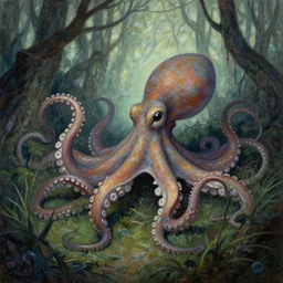 a painting of an octopus in the woods, a storybook illustration by Daniel Merriam, featured on deviantart, fantasy art, lovecraftian, storybook illustration, biomorphic