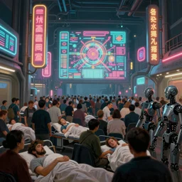 futuristic neon signs in a scene of ( millions of people ) waking up, ( ( robot cyborgs ) ), futuristic oil painting by rembrandt and jeff koonz, ( ( led panel screens and projections ) ), ( ultra realistic ), dynamic lighting, ( octane render ), ( ( ( vertical led strip lighting ) ) ), 3 5 mm lens, film grain - n 4