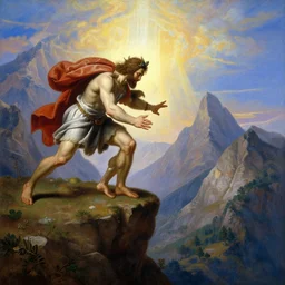 an amazing realistic painting of cain pushing abel from the edge of a cliff with a divine light in the sky, majestic mountains in the background, painting by roberto ferri, highly detailed, beautiful art, smooth, elegant, intricate, vibrant, colorful