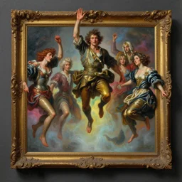 a baroque neoclassicist close - up painting of people jumping out of picture frames. reflective detailed textures. glowing colorful fog, dark grey background. highly detailed fantasy science fiction painting by moebius, norman rockwell, frank frazetta, and syd mead. rich colors, high contrast. artstation