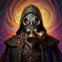 centered painted portrait, grizzled assassin with gas mask, lord of the rings, tolkien, matte painting concept art, baroque, beautifully backlit, swirly vibrant color lines, fantastically gaudy, aesthetic octane render, 8 k hd resolution, by caravaggio and diego velazquez