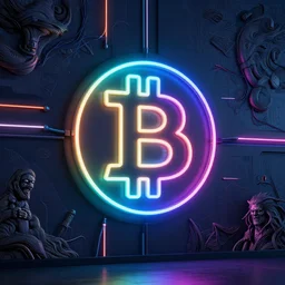 bitcoin logo on a futuristic wall, flat, neon, RGB, glowing wires everywhere, pristine, by Edgar Maxence and Ross Tran, Zdzisław Beksiński, and Michael Whelan, gustav dore, H.R. Giger, 8k, octane render