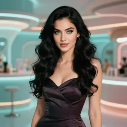 beautiful woman with long wavy curly black hair and green eyes, wearing a cocktail dress, smiling coldly. she is in the bar of the atlantis paradise, a retro futuristic spaceship made of brass bronze gold, art deco influence, hotel style design. bioshock, starship titanic. clean, well composed painting by artgerm and greg rutkowski.