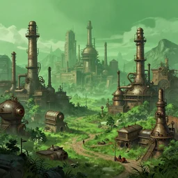 beautiful steampunk landscape, industrial city, matte painting, green colors