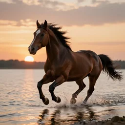 a horse running on a lake, with sunset, photorealistic, cinematic, well detailed, HDR, 8k