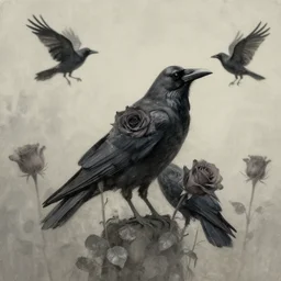 a murder of crows made out of roses, muted tones, album artwork, expressionist, serene,