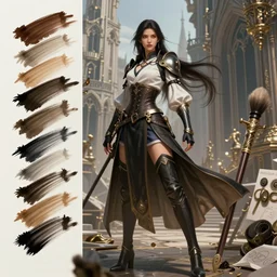 photoshop traditional brushes strokes test, costume design from luxury house designers, sophisticated composition, old masters light composition, procedurally generated, epic fighter girl character posing for concept art, ancient gothic city behind her, substance designer, PBR, HD, Ultra detailed, hyperrealistic, megascans, volumetric light, concept by master artist, made in paint tool SAI2, trending pixiv face