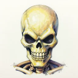 macro head shot centered ink colored airbrushed gouache sketch by peter chung centered symmetrical headshot of maniac skeletor in the style ofj scott campbell