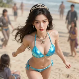 masterpiece portrait of a beautiful stunning princess, accessories, in sky blue reflective bikini, chanel jewelry, focus, beach, fantasy character portrait, dynamic pose, above view, top lighting, art by artgerm and charlie bowater and wenjun lin and gil elvgren, ilya kuvshinov, mary jane ansell, cryengine, lumion render, 8 k realistic, hyper detailed, digital painting, artstation, concept art, ray tracing, realistic shaded, perfect face