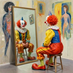 clown sitting on a stool looking into a mirror by james jean and luc tuymans and beeple and hernan bas and hilma af klint, abstract background, psychological, dripping paint, high quality render, masterpiece